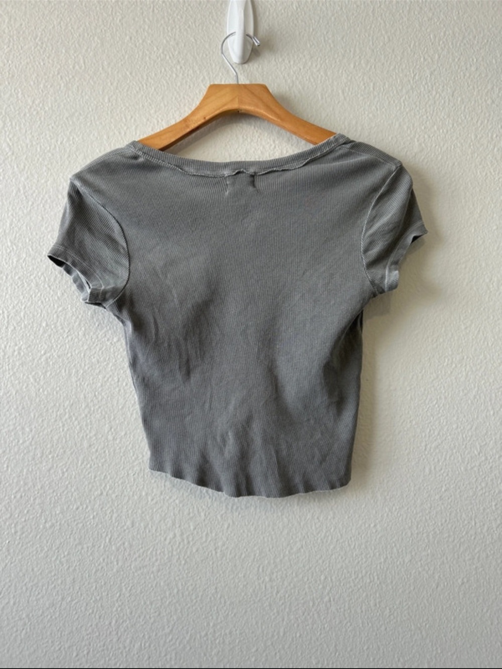 Urban Nation Short Sleeve Notch Henley Crop Top - Gray - Picture 2 of 3